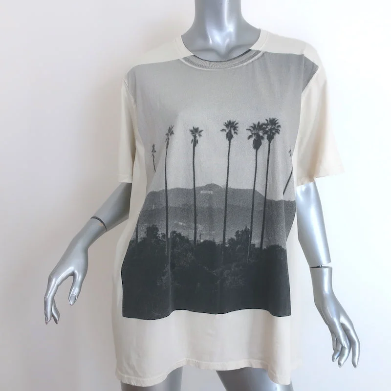 Clare V. Hollywood Palm Trees T-Shirt Cream Cotton Size 2XL Short Sleeve Top Print Jacquard Patchwork