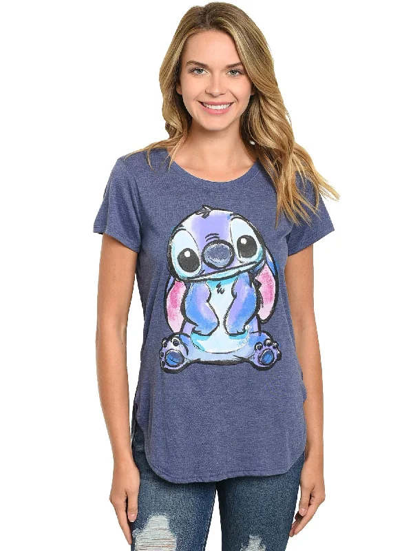 Stitch T-Shirt Short Sleeve Hi-Low Hem Juniors Disney Heather Blue Spandex Blend Rayon Blend Denim Blend