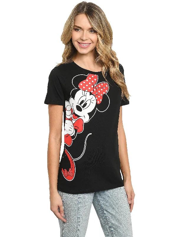 Disney Women's Minnie Mouse T-Shirt Leaning Short Sleeve Black Handmade Hand-knitted Hand-woven