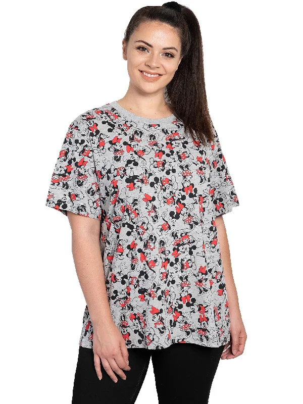 Disney Womens Plus Size Mickey and Minnie Mouse All-Over Print T-Shirt Gray Hooded Caped Shawl Collar