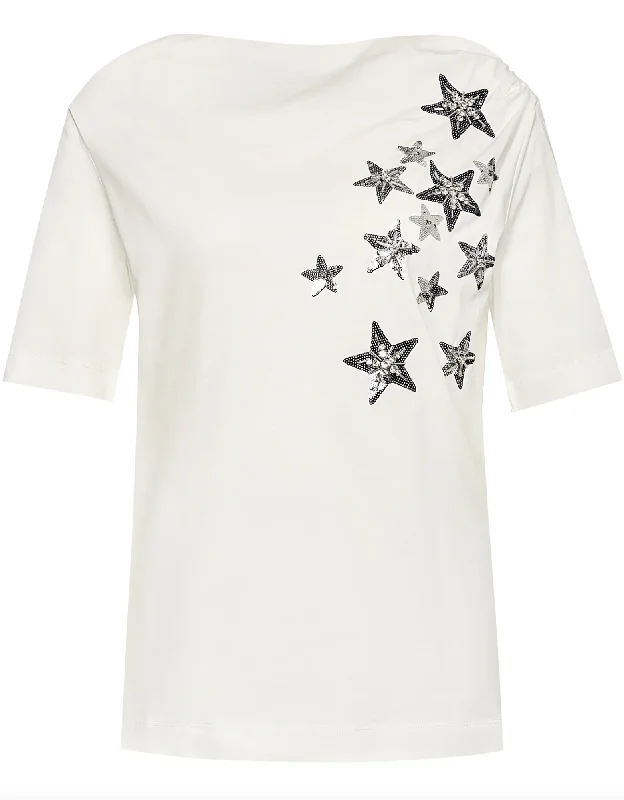 Liu Jo Elegant White Cotton Tee with Rhinestone Accents Polka Dot Checkered Tartan