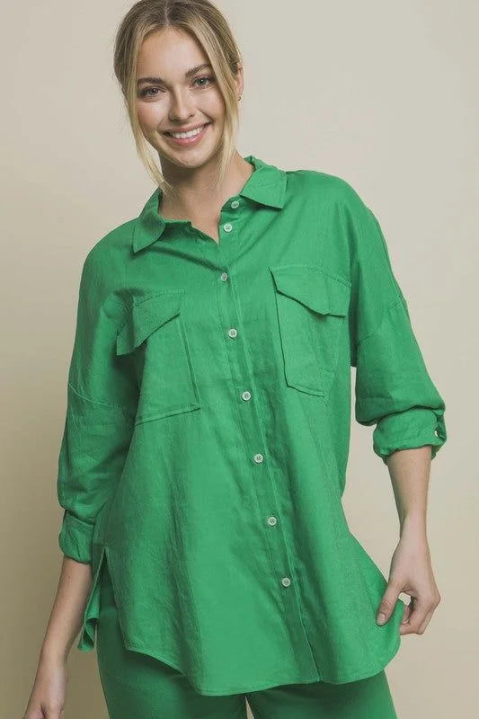 Love Tree Linen Oversized Double Pocket Button Down Shirt Welt Pockets Slit Pockets Flap Pockets