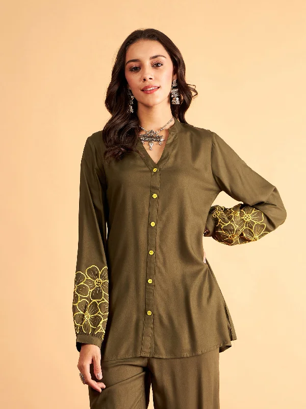 Lyush Women Olive Rayon Full Sleeves Embroidered Shirt Ribbed Striped Patterned