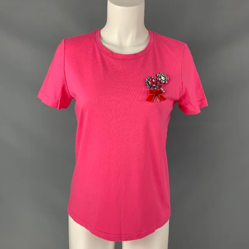 MANOUSH Size S Rose Pink Cotton Embroidered Rhinestones Short Sleeve T-Shirt Fitted T-Shirt Seamless Stretchy