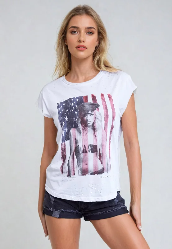 PATRIOT T-SHIRT WHITE Beaded Sequined Faux Fur