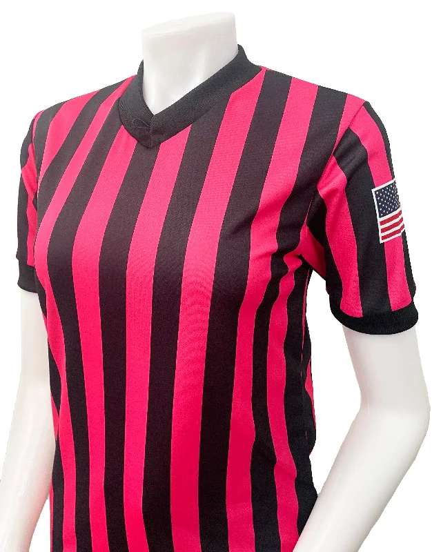 Smitty | USA-211-PINK | Women's Performance Mesh Pink Referee Shirt Sublimated Flag Graphic T-Shirt Round Neck Polyester