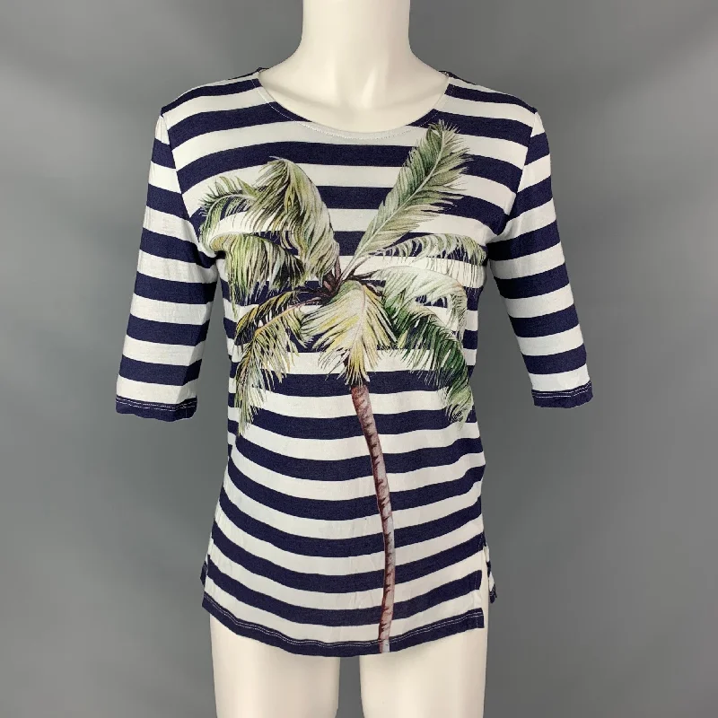 STELLA McCARTNEY Size 4 Blue & White Palm Tree Cotton Stripe T-Shirt Anti-Shrink Durable Soft