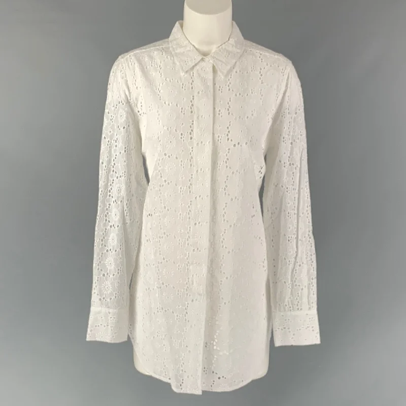 TORY BURCH Size M  White Eyelet  Cotton Hidden Placket Shirt Collared Crew Neck Turtle Neck