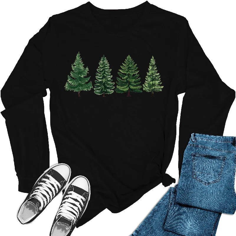 Women's Christmas Trees Holiday Long Sleeve Graphic Tees Anti-Shrink Durable Soft