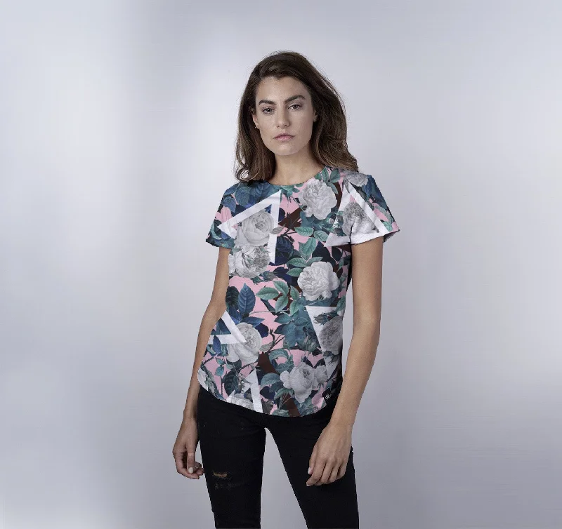 Womens Crew Tee, Flowers & Triangles Zippered Front Buttoned Front Snap Front