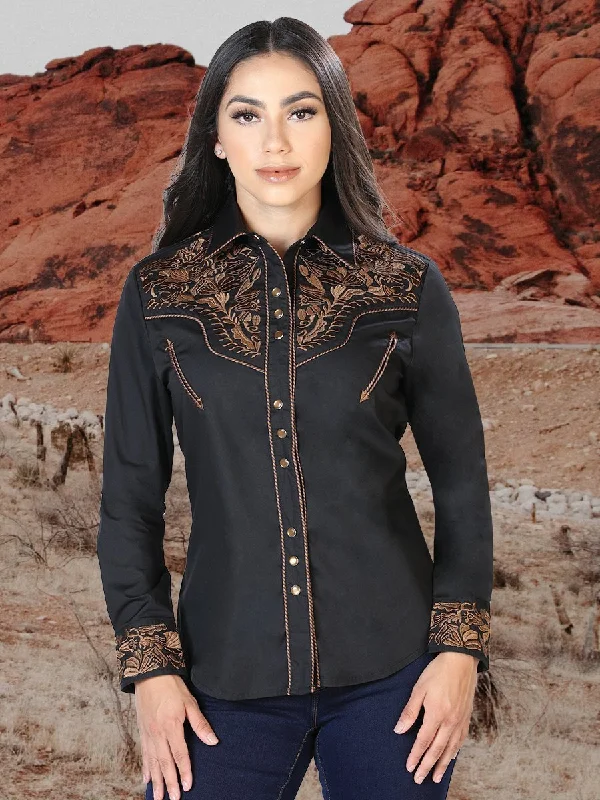 Women's Long Sleeve Western Shirt El Señor de los Cielos *BLACK/BROWN-43612* Beaded Sequined Faux Fur