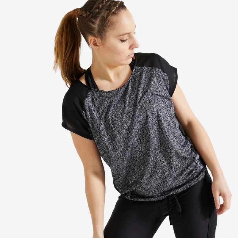 Women's Cardio Fitness Loose Crew Neck T-Shirt - Black Welt Pockets Slit Pockets Flap Pockets