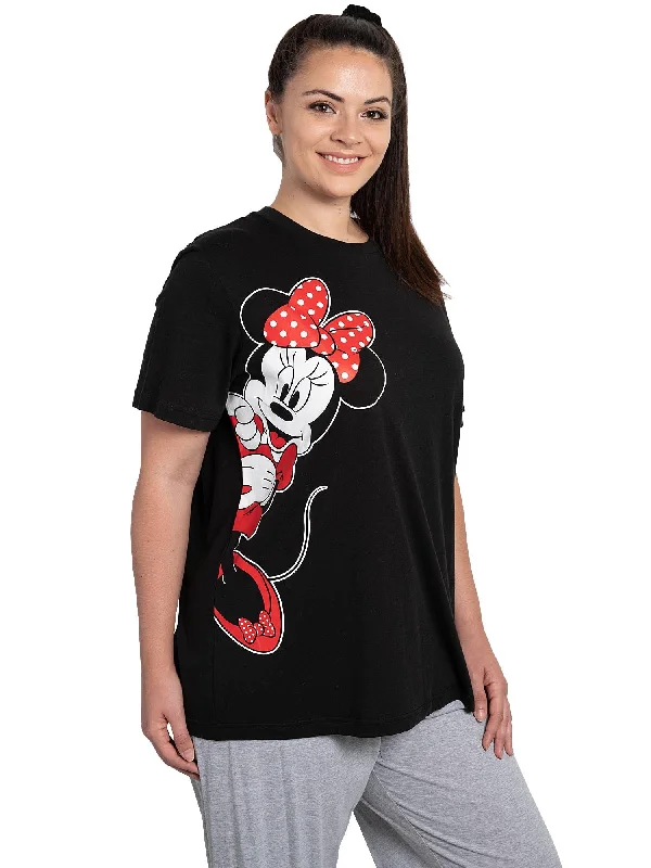 Womens Plus Size Disney Minnie Mouse Leaning Short Sleeve T-Shirt Black Cashmere Blend Cotton Blend Poly Blend