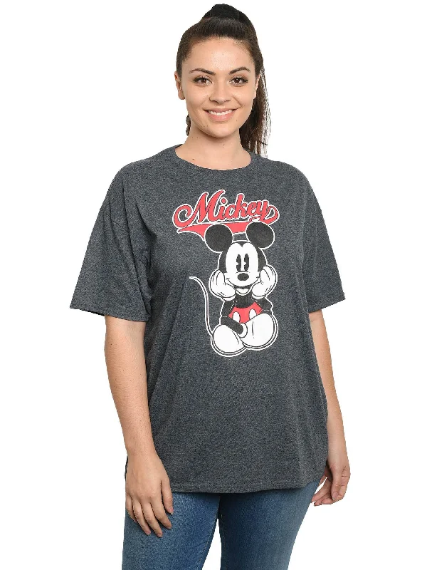 Women's Plus Size Mickey Mouse T-Shirt Charcoal Gray Varsity Script Solid Color Striped Floral