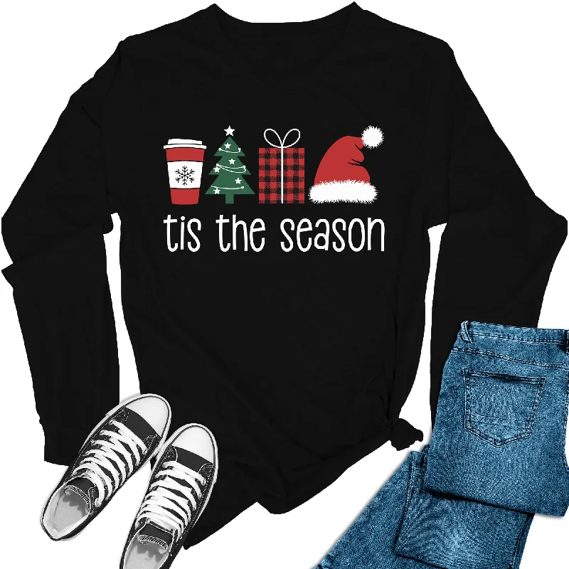 Women's Tis The Season Christmas Holiday Long Sleeve Graphic Tees Iron Safe Non-Iron Wrinkle Free