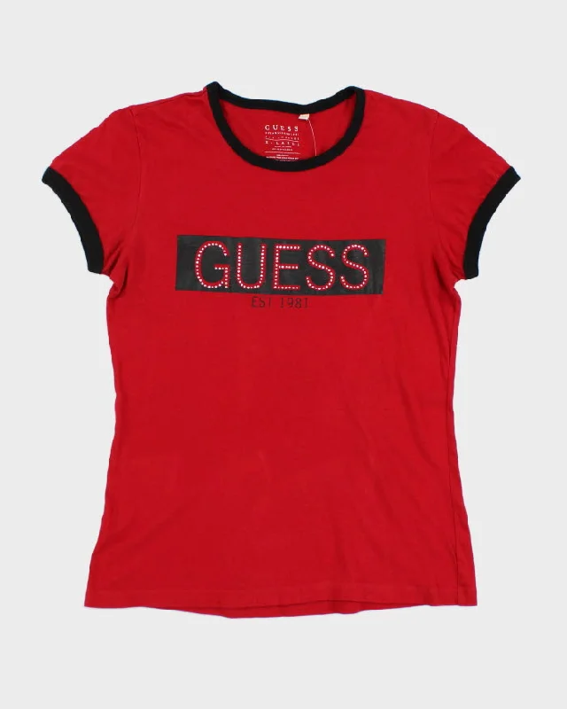 Y2k 00s Guess Womens Red T-shirt - XL Chenille Blend Fleece Blend Nylon Blend