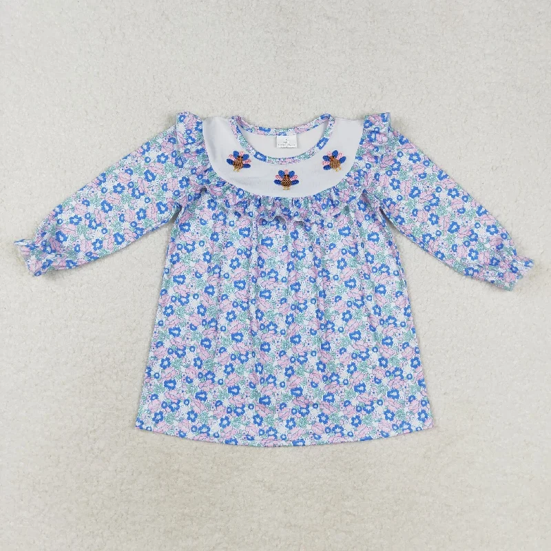 Baby Girl Blue Floral Thanksgiving turkey Embroidery Dress Tunics Travel practical