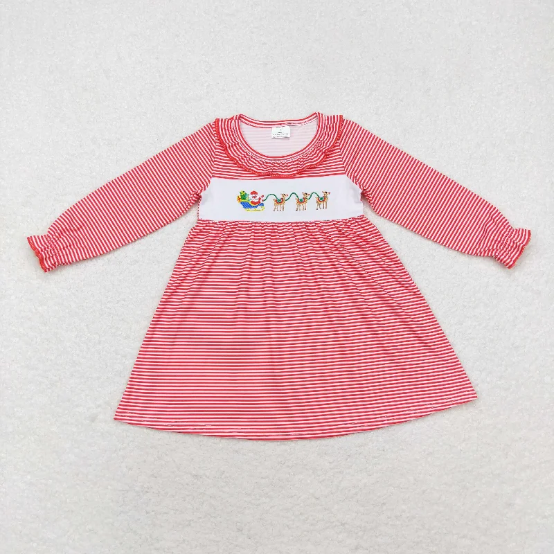 Baby Girl Embroidery Santa Deer Red Stripes Ruffle Dress Crew Neckline Sporty