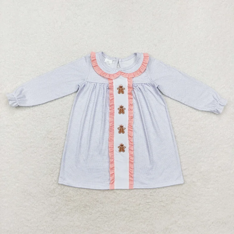 Baby Girl Long Sleeves Checkered Embroidery Gingerbread Dress Maxi Flowy Bohemian