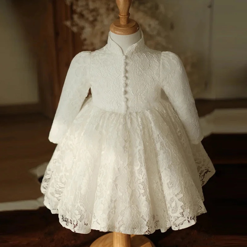 Girl White Long Sleeve Stand Collar Lace Princess Dresses Baby Girl Formal Dresses Tunics Stylish elegant