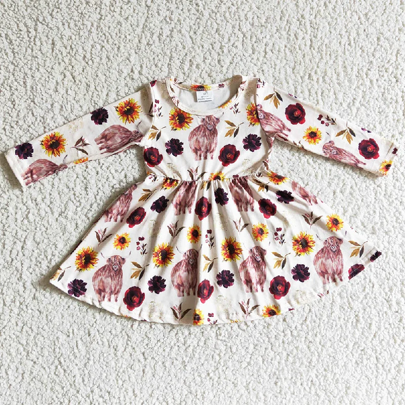 Cow Print Boutique Girls Dress Fall Long Sleeve Baby Girl Twirl Dress GLD0118 Casual Short Summer