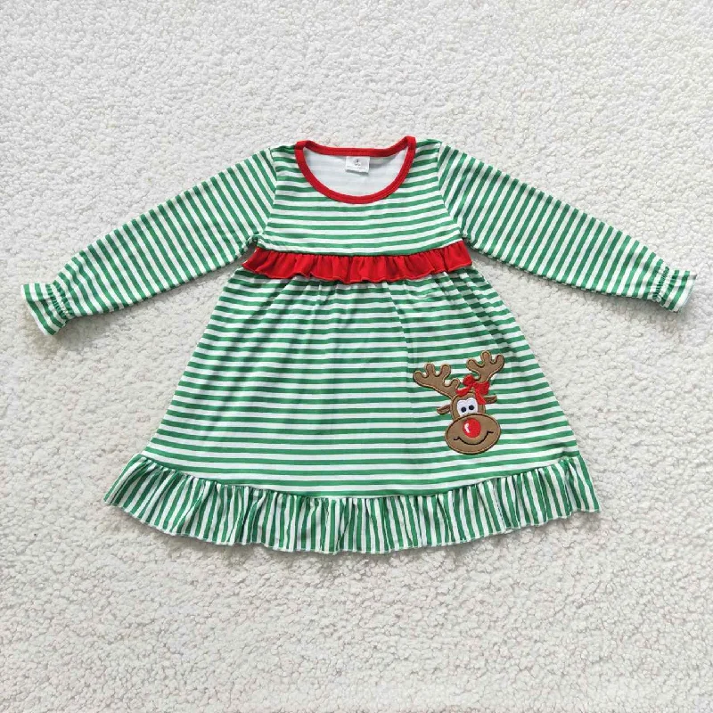 GLD0207 Embroidered Elk Green Stripe Christmas Long Sleeve Dress Elegant Long Evening