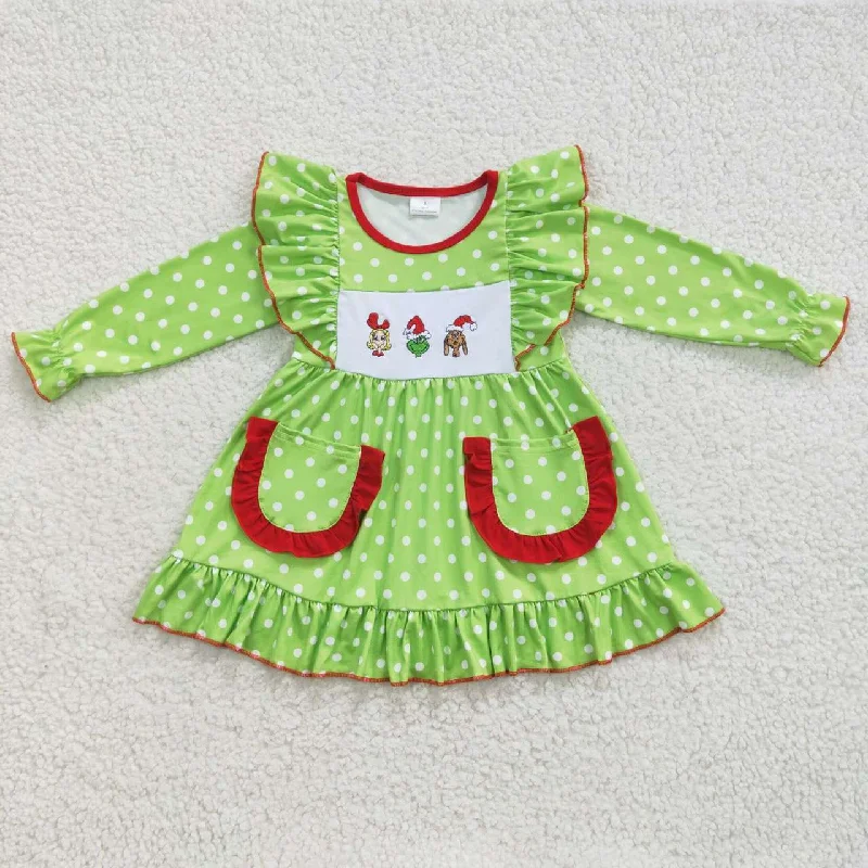 GLD0217 Christmas Red Green Cartoon Embroidery Pockets Girls Long Sleeve Dresses Tunics Trendy modern