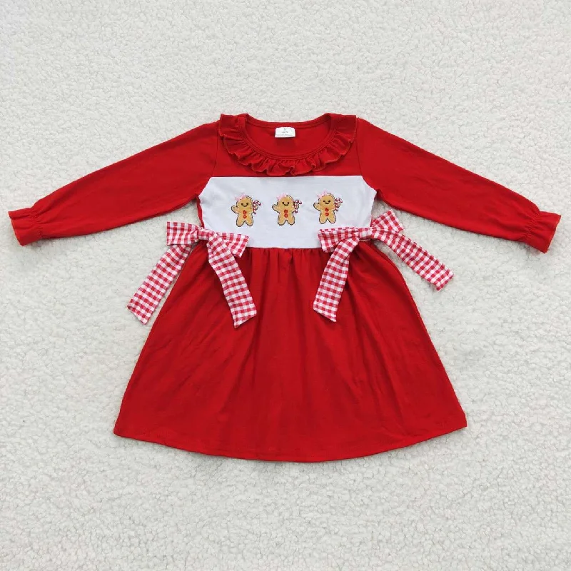 GLD0218 Embroidered Gingerbread Man Red Plaid Bow Long Sleeve Dress Tunics Short Trendy