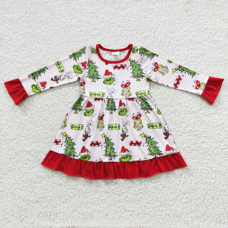 GLD0235 Christmas Red Green Cartoon  Girls Long Sleeve Dresses Tunics Velvet soft