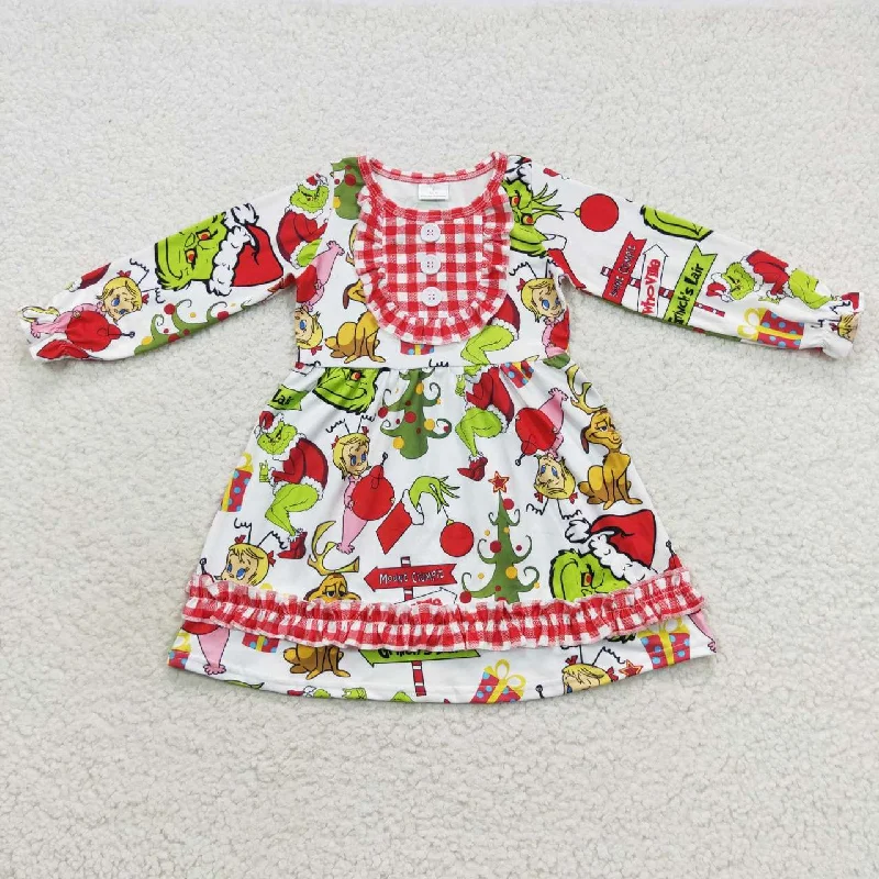 GLD0297 Cartoon grinch girl red plaid lace long sleeve dress Boat Neckline Classic