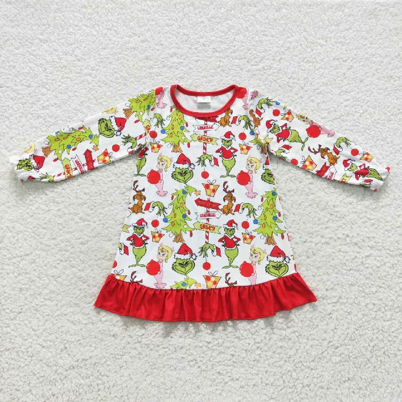 GLD0299 Girls Christmas Grinch Long Sleeve Dress Tunics Party sparkling