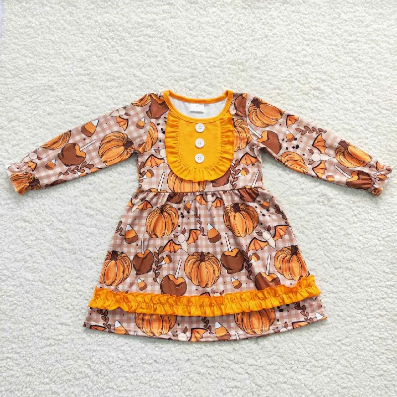 GLD0343 Pumpkin Orange Lace Brown Plaid Long Sleeve Dress Tunics Cozy comfortable