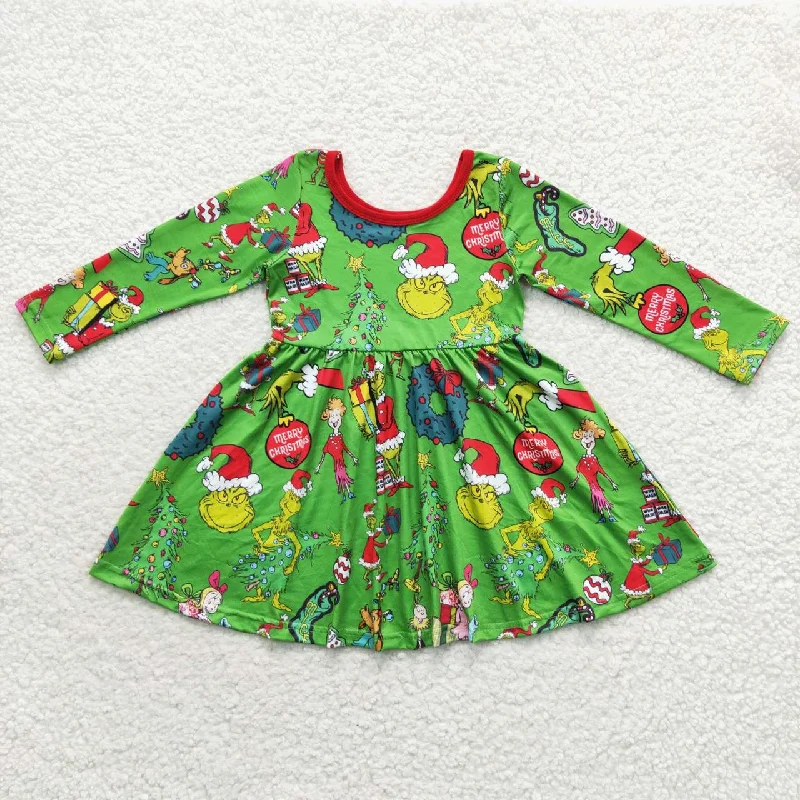 GLD0345 Cartoon Grinch Wreath Green Long Sleeve Dress Tunics Occasion special