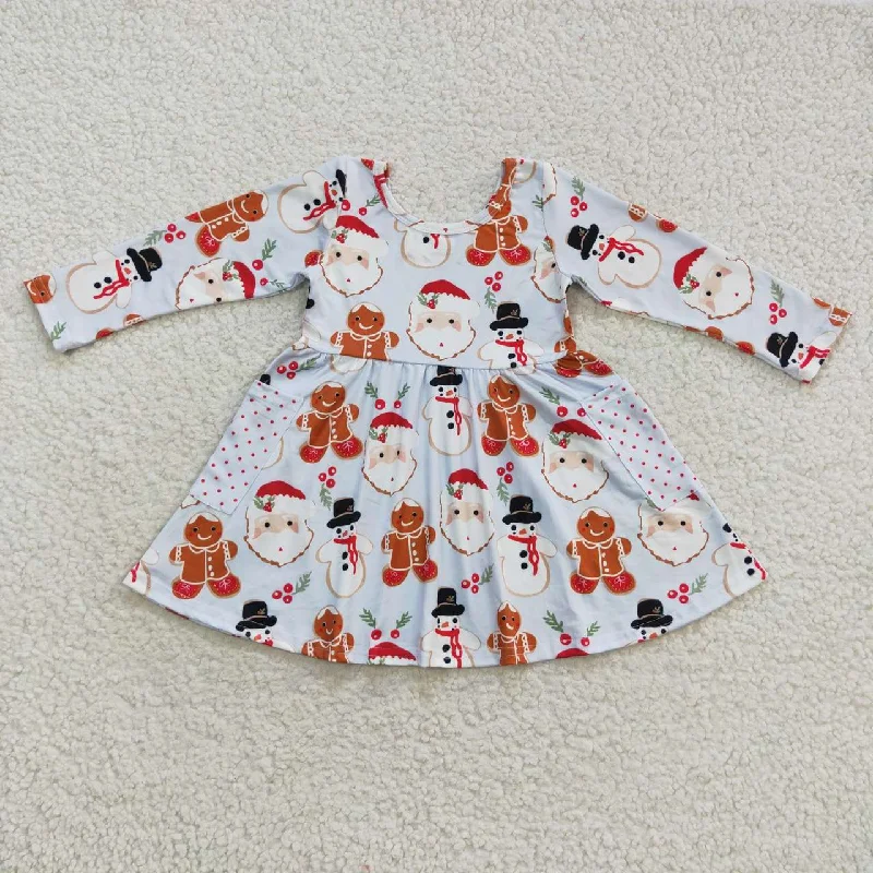 GLD0367 Snowman Santa Gingerbread Man Pocket Long Sleeve Dress Tunics Chic fashionable