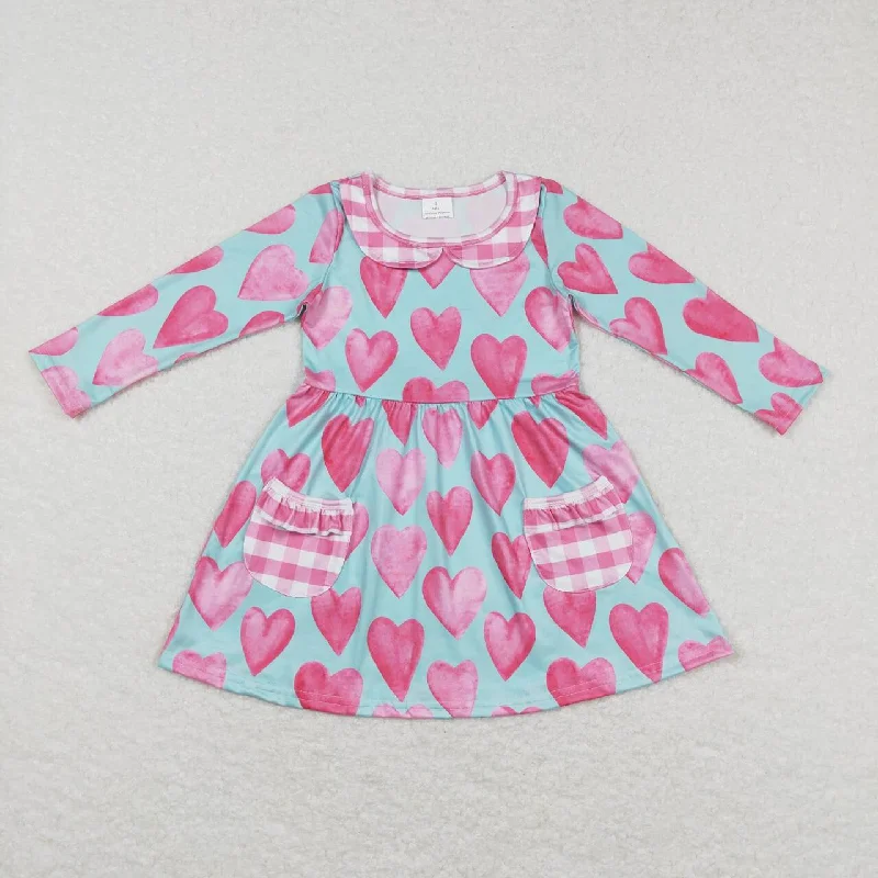 GLD0455  pink heart long sleeve girls dress Tunics Versatile functional