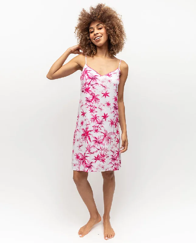 Hailey White Palm Print Short Nightdress Boat Neckline Classic