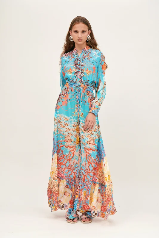 Long dress long sleeves w/ruffle Halter Neckline Beach