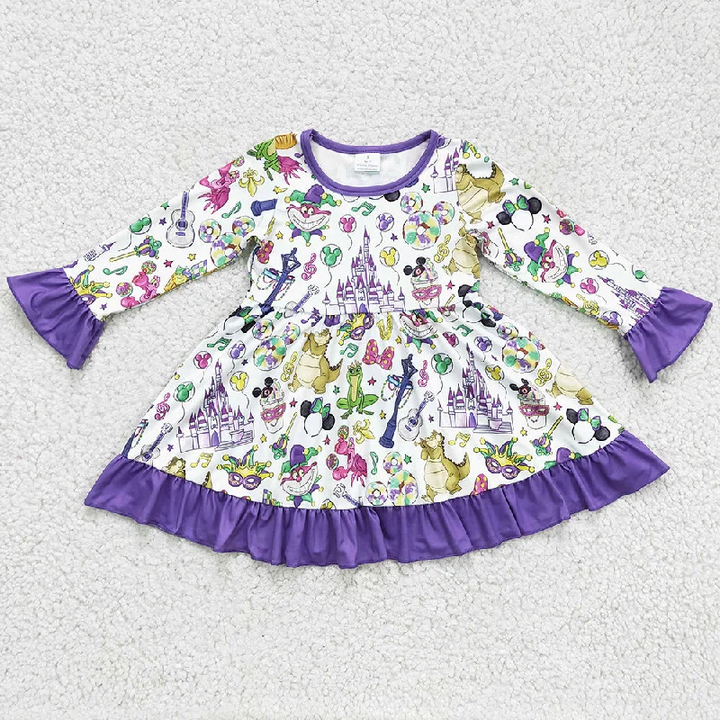 Mardi Gras Baby Girls Dress Long Sleeve Cute Girls Twirl Dresses GLD0180 Cowl Neckline Elegant