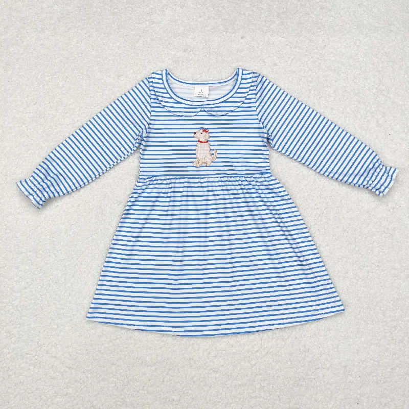 Baby Girl Long Sleeves Blue Stripes Embroidery Dog Dress Tunics Trousers formal