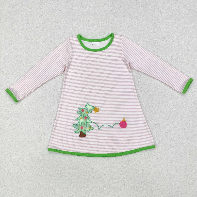 Baby Girl Long Sleeves Embroidery Christmas Pink Stripes Tree Dress Tunics Brand named