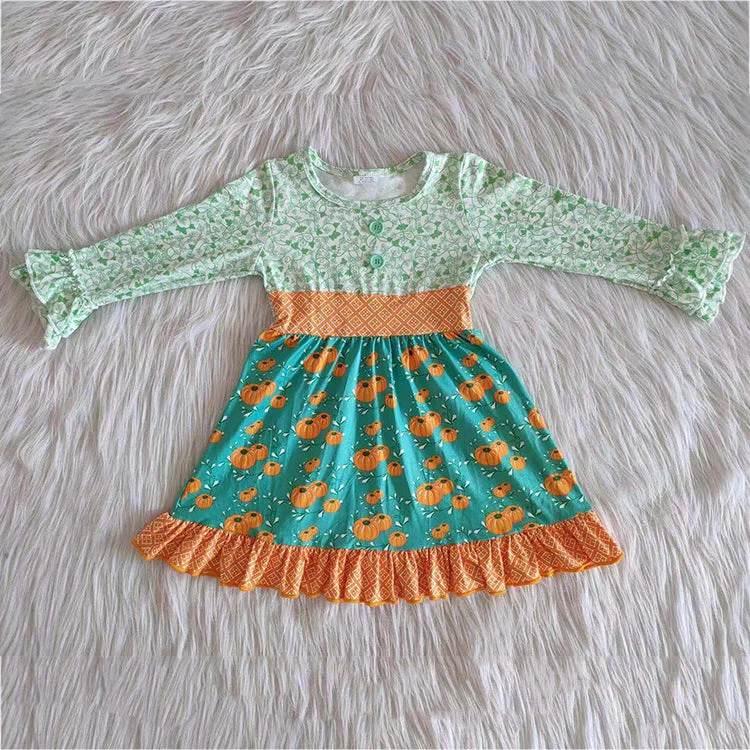 Promotion $5.5/set green Halloween pumpkin girls dress Tunics Travel practical