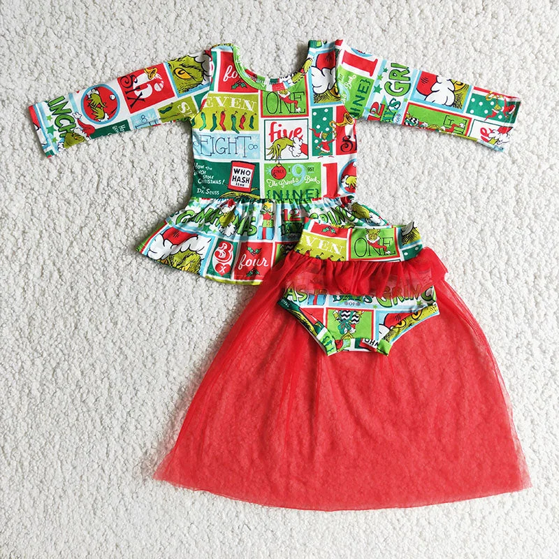 Promotion $5.5/set red and green christmas girls dress Tunics Print Colorful