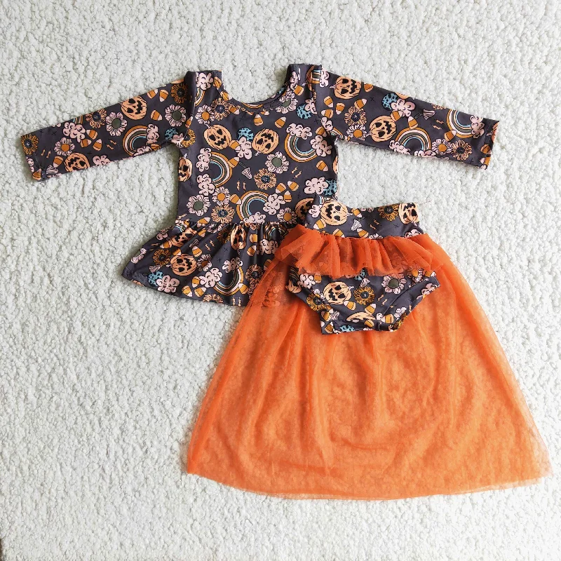 Promotion $5.5/set Halloween orange long sleeve girls dress Tunics Practical easy-care