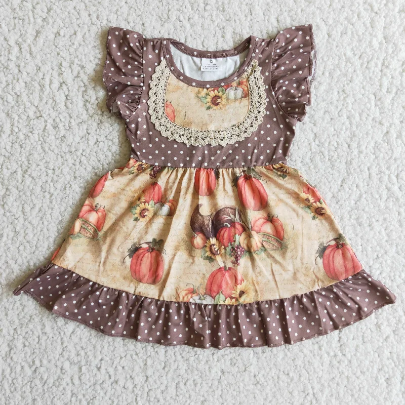 Promotion $5.5/set flower pumpkin short sleeve girls dress Tunics Custom made