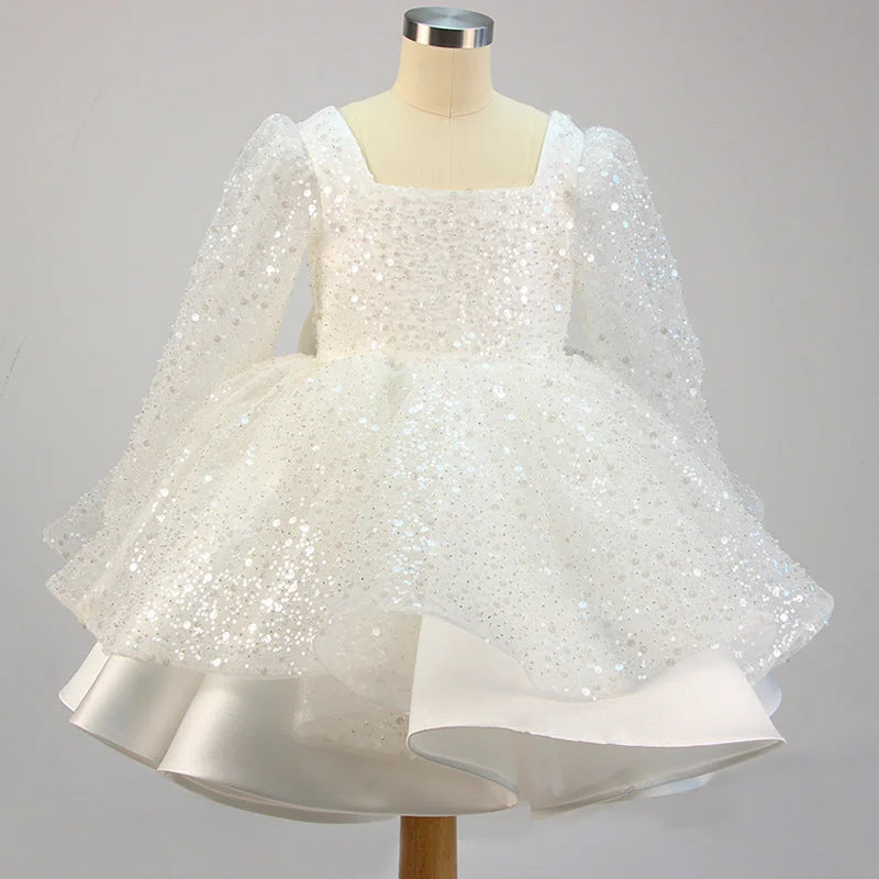 Girl Formal Princess Dresses Baby Girl Bow Mesh Long Sleeve Sequined Christening Dress Tunics Sophisticated sleek