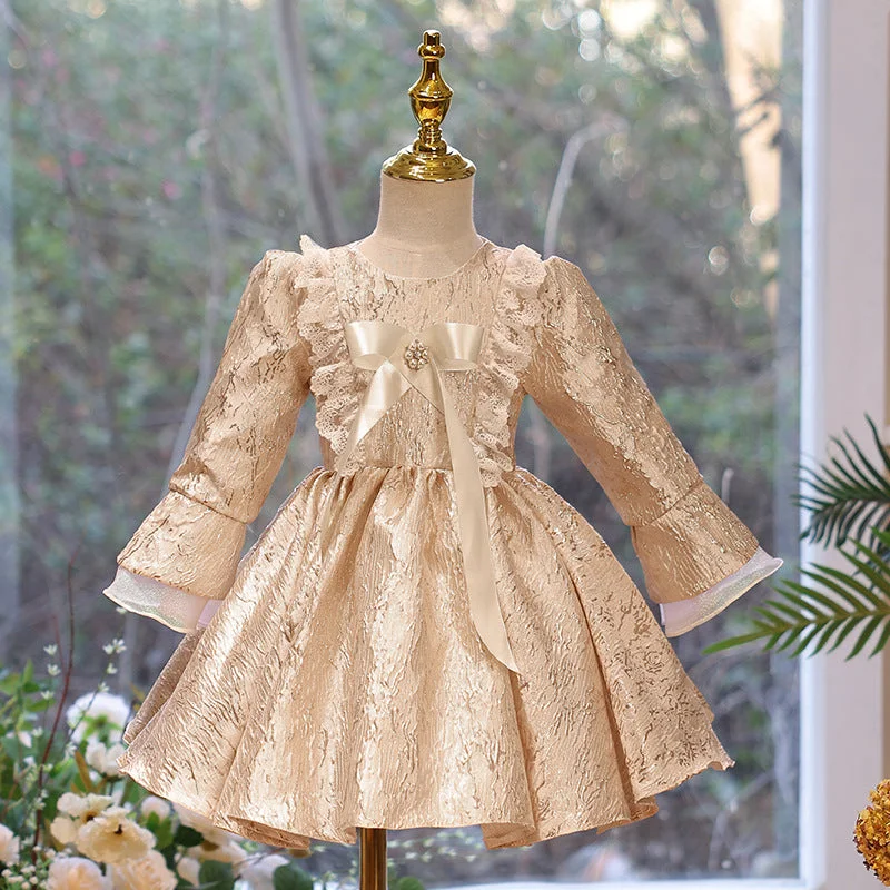 Toddler Ball Gowns Girl Gold Vintage Court Lace Formal Princess Dress Tunics Bridal satin