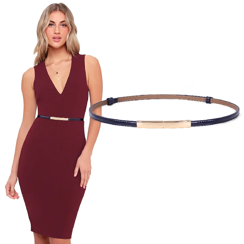 Women’s Skinny Blue  Leather Belt Adjustable Slim Waist Belt with Gold Alloy Buckle for Dress By JASGOOD Tunics Seasonal trendy