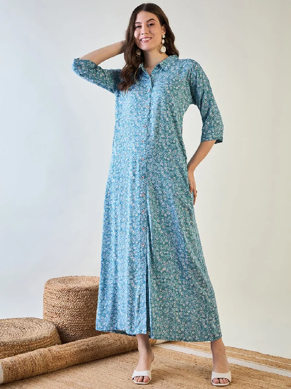 Women's Sky Blue Cute Floral Button Down Night Dress - The Kaftan Company Cowl Neckline Elegant